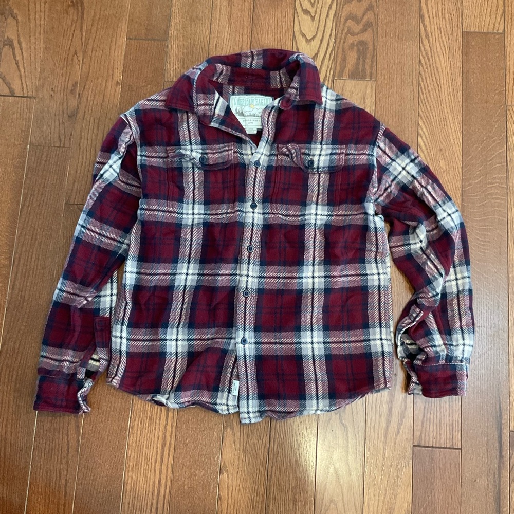 American Eagle Outfitters maroon, navy, and white flannel shirt